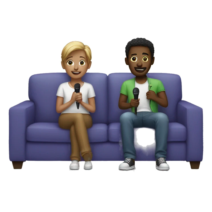 Two friends sitting on couch holding microphones sticker