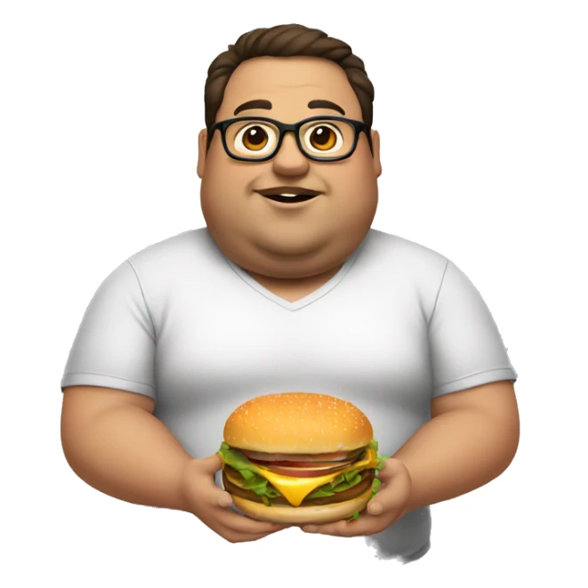 fat man, wearing eyeglasses, eating a burger, dark brown hair sticker