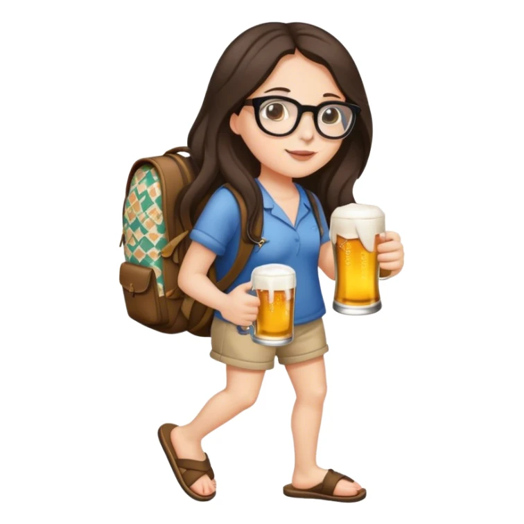 A beautiful brunette with long hair in slippers, glasses, patterned arms, a baggy backpack, and a beer in one hand sticker