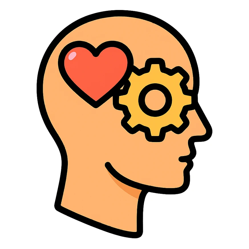 Vector illustration of a human head icon in profile view, with a heart or gears inside the head symbolizing emotional intelligence or cognitive processing. Clean and sharp lines, with subtle realistic shadows and glossy highlights for depth. Flat yet modern vector style. Transparent background sticker