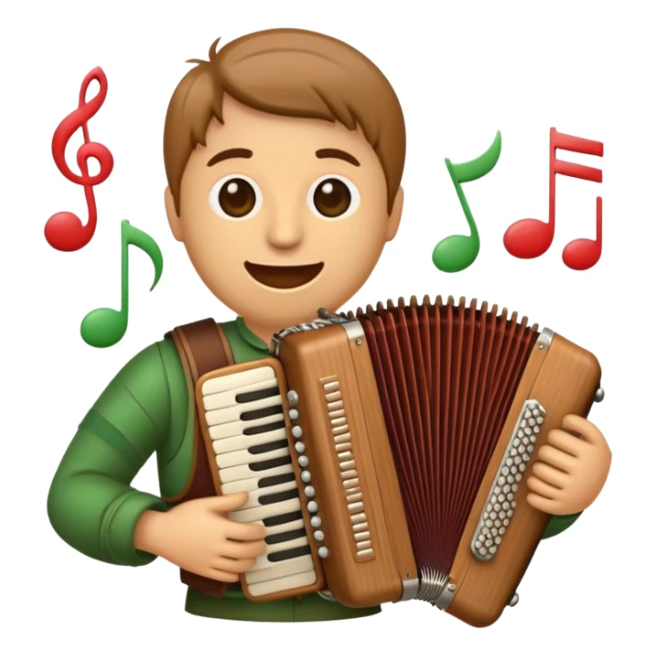 Create a warm and inviting emoji representing folk singing. The design should feature a traditional microphone, perhaps with a wooden texture, symbolizing the rustic and authentic feel of folk music. Surround the microphone with subtle elements such as a hand-played tambourine, an accordion, or a balalaika to reflect the folk instruments. Add flowing musical notes to symbolize the vocal melodies. Use earthy, natural colors like browns, reds, and greens to evoke a sense of tradition, warmth, and connection to the community. The background should be transparent. sticker