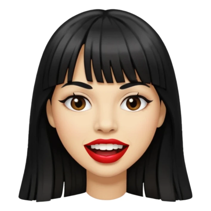 Woman a little tan with long black hairs and bangs, appearing teeth sticker