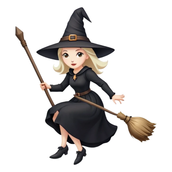 witch with pointy hat and black dress flying on a wooden broom sticker