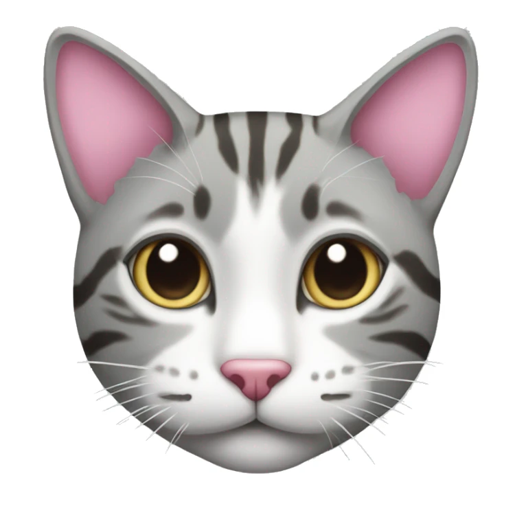 Grey and white tabby cat with a pink nose sticker