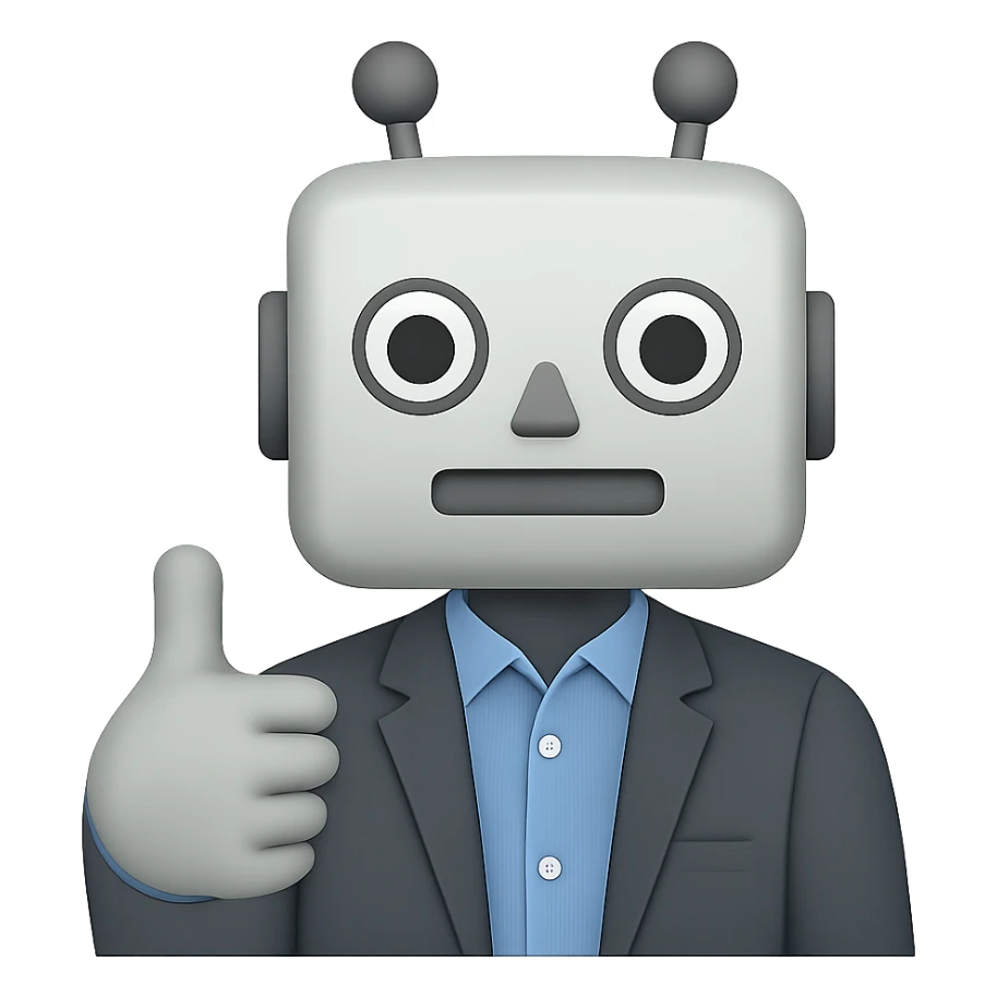 Make the recruiter robot emoji more masculine in a flat, Apple style. The robot should be giving a thumbs up and dressed in business casual. The background should be transparent. sticker