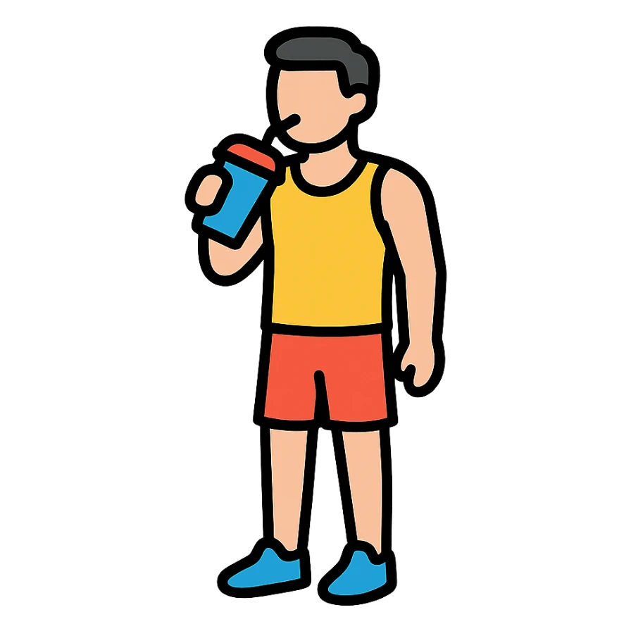 one man standing in gym clothes drinking a smoothie, icon style, clean lines, fitness theme sticker