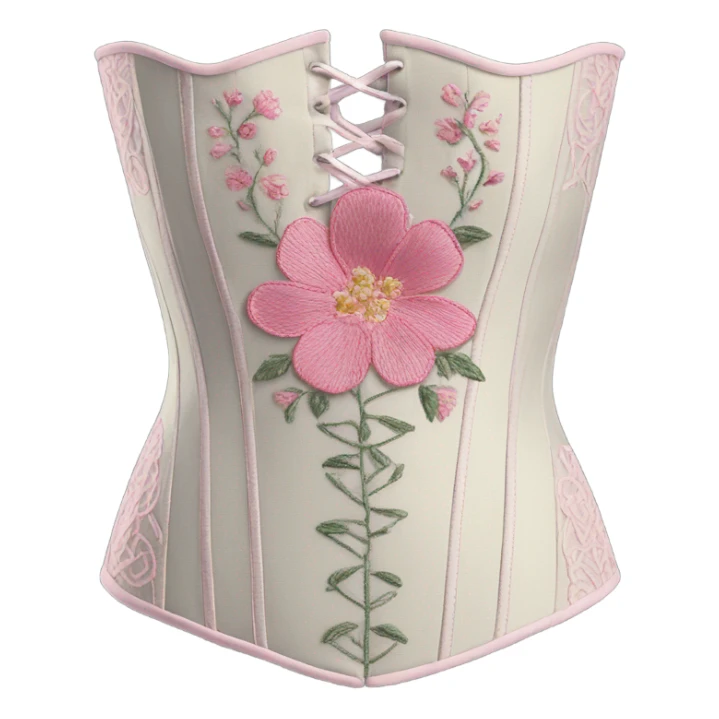 Sage corset with pink flower embroidery, isolated sticker
