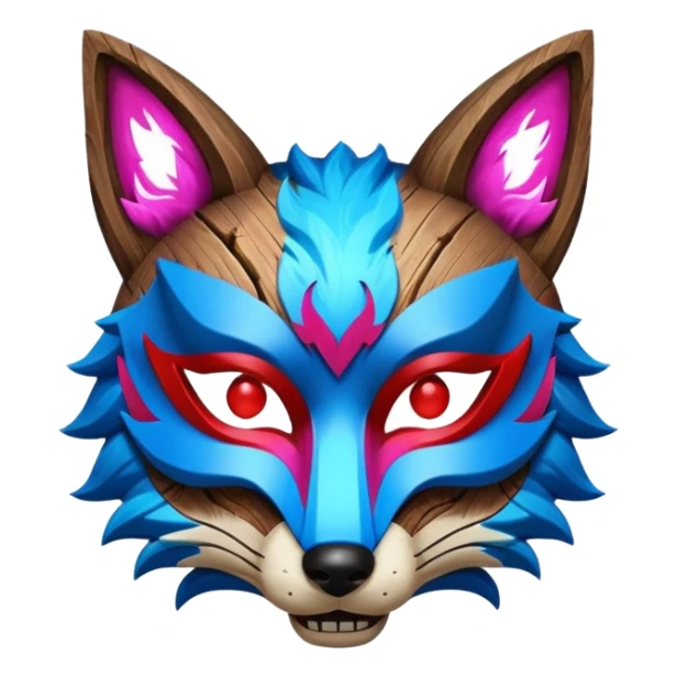 Ancient wooden mask, split in half, luminous and neon with red, blue and pink fox-like glow. sticker