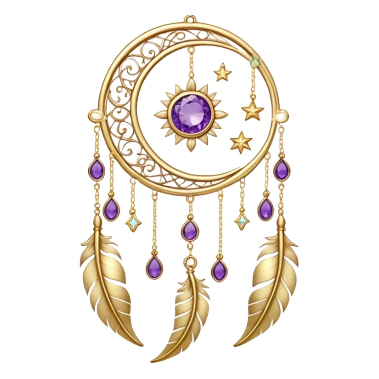 Epic beautiful gorgeous cute gold suncatcher, threads with shiny sparkly amethyst gemstones, flowers, crescents-moons, stars, gold Feathers  sticker