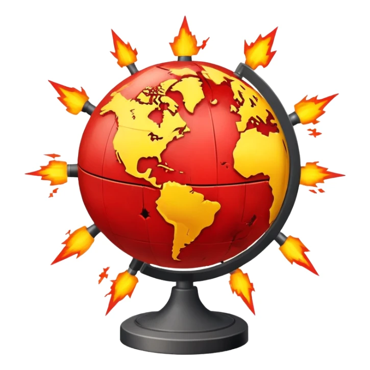globe with explosion symbols and warning signs representing global conflict sticker