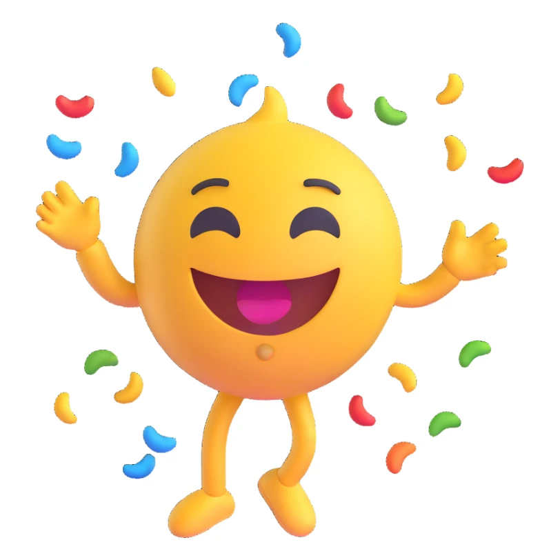 AI emoji with a smirk, doing a silly dance pose, confetti flying, making friends laugh while saying thank you sticker