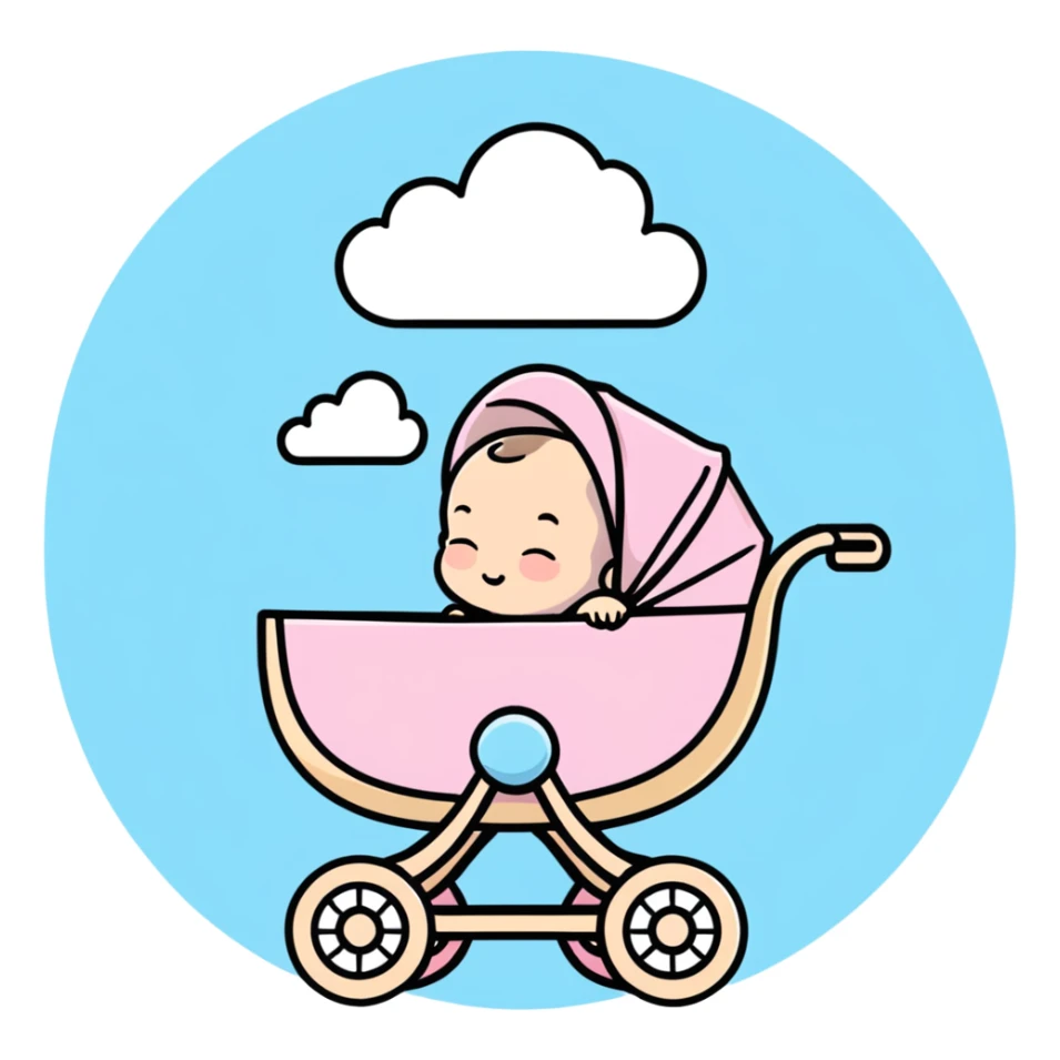 peaceful sleeping baby with closed eyes in pink and beige stroller with pastel blue clouds decoration sticker