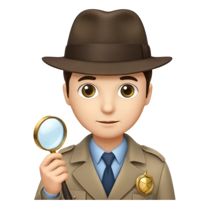 a detective with a hat, a magnifying glass and a badge sticker