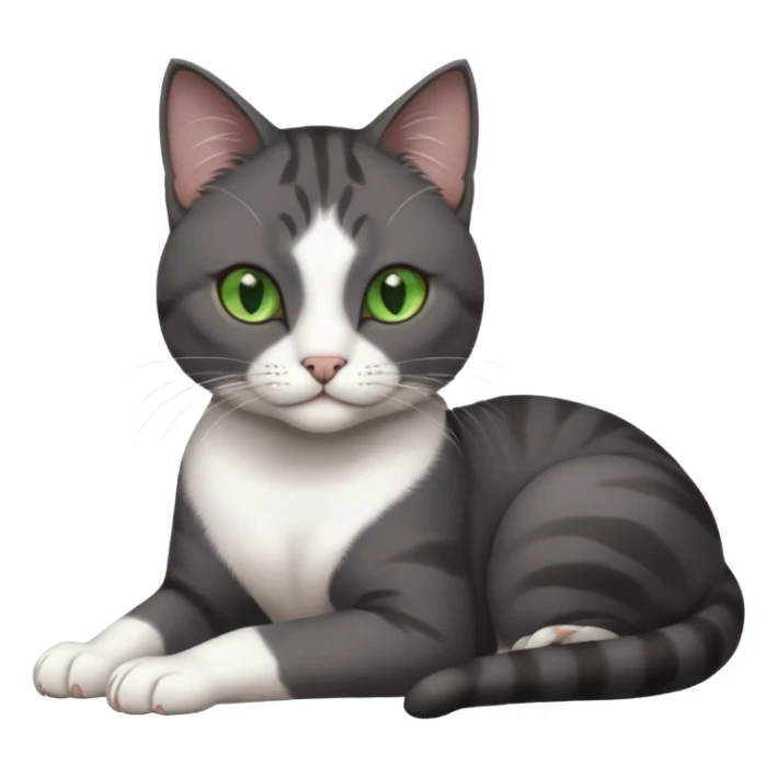 beautiful female solid dark grey cat with green eyes, white toes/paws and white patch on her chest rolling over sticker