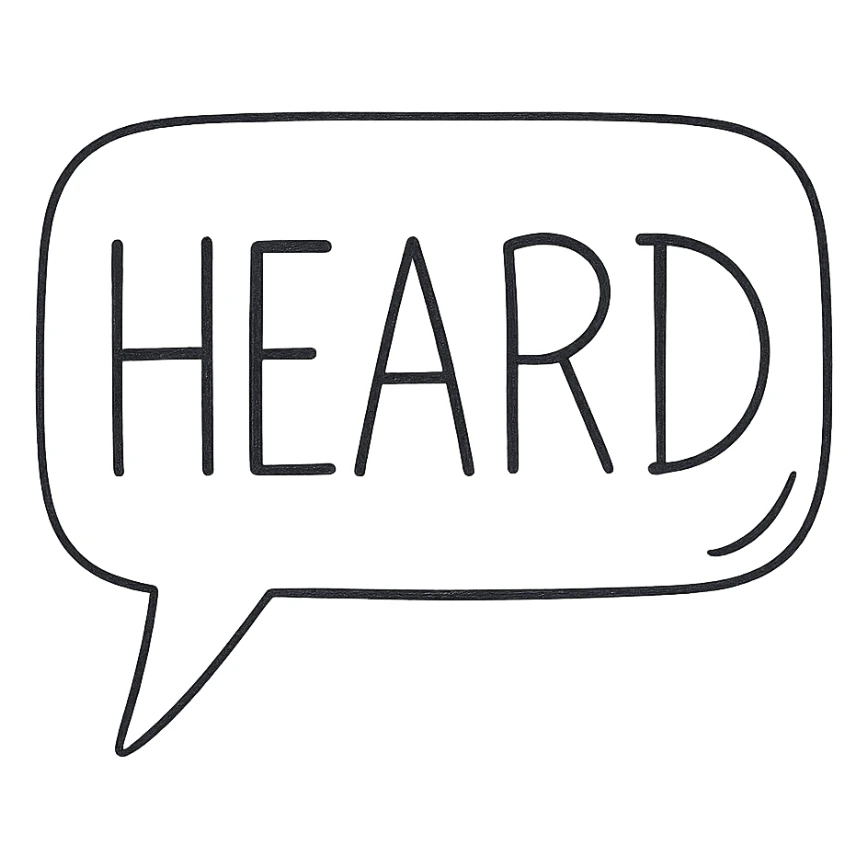 'HEARD' text in a hand-drawn black outline style emoji sticker
