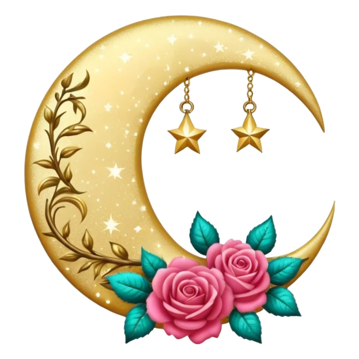 Romantic shiny sparkly glossy glittery vintage crescent damask moon with roses sticker