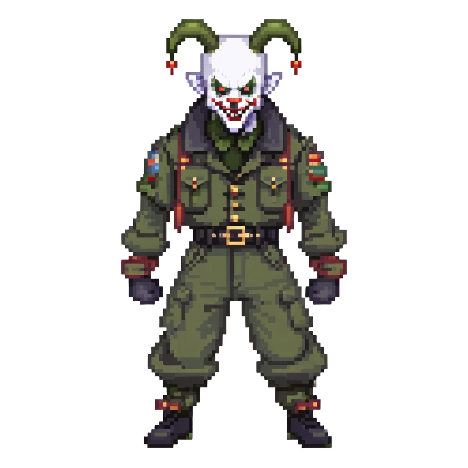 evil clown soldier, bald, short black devil horns on forehead, fangs, pointed ears, black and military green clothes with bellbottom pants, realistically proportioned, less bulky, full body, fighting stance sticker
