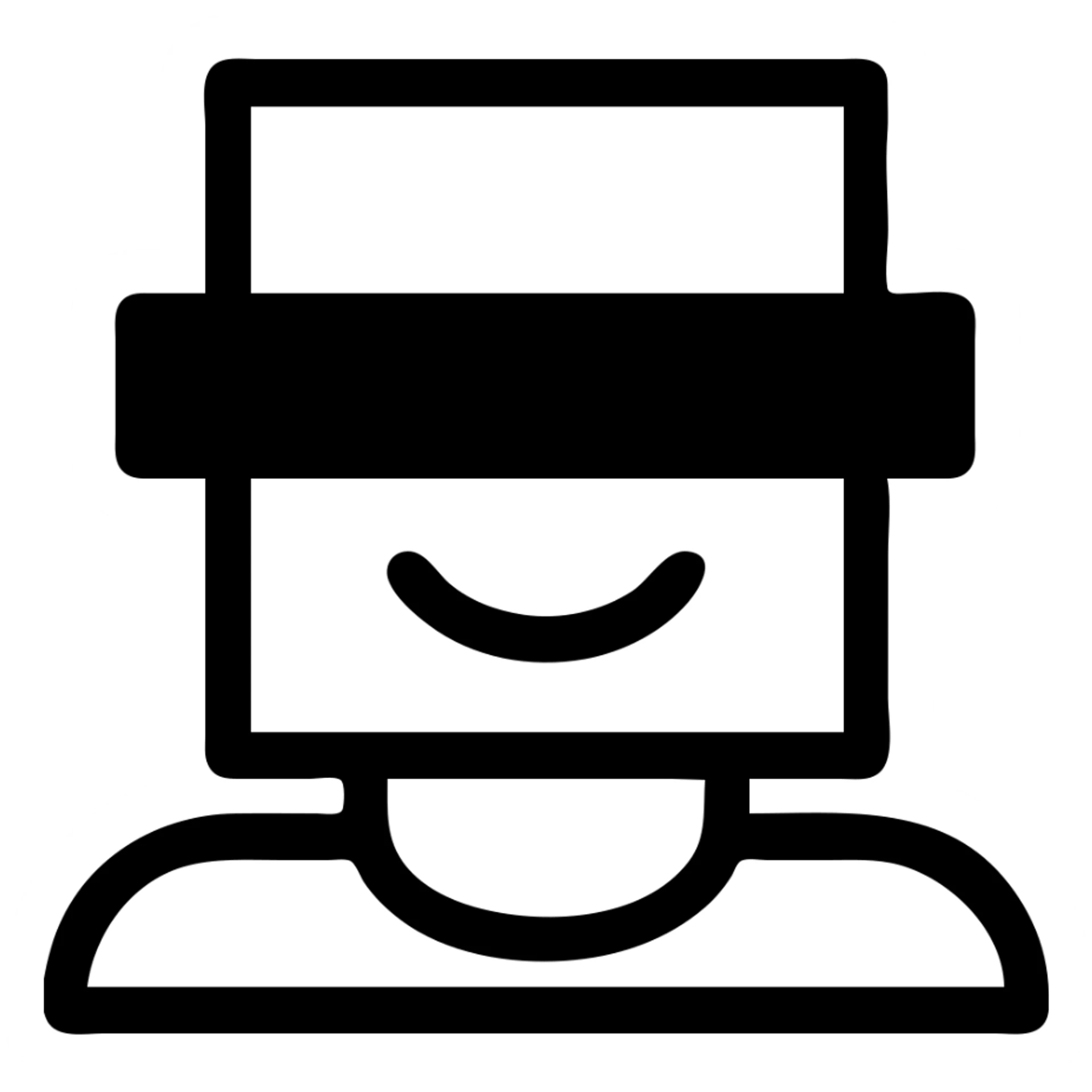 Make the head more blocky, like a Roblox logo, keep the minimal face and black censor bar over the eyes, outline style, with no background. sticker