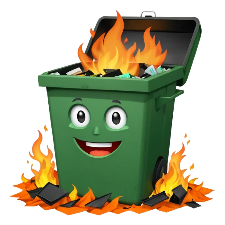 Green smiling dumpster with an open black lid and a fire burning inside it. there is litter and trash on the ground around it sticker