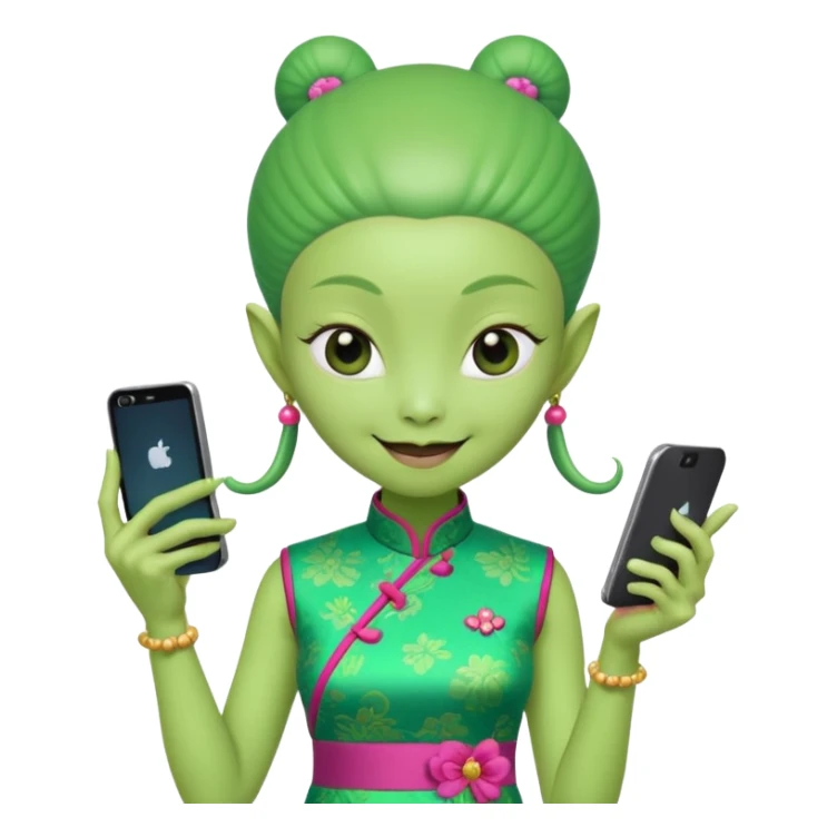 alien with chinese custome dress and smartphone sticker