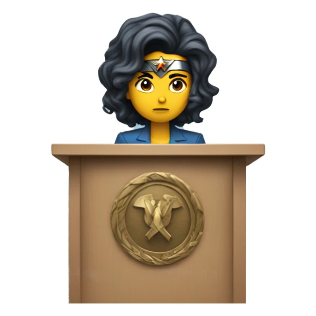Gal godot wonder woman behind a podium giving a sad speech sticker