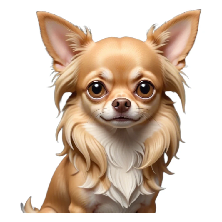 Cinematic Grumpy Long Haired Fawn Chihuahua Portrait Emoji, Head tilted slightly with a deeply unimpressed expression, thick, flowing fawn hair with natural highlights, large, droopy dark eyes narrowed into an unamused glare, ears slightly drooping in exasperation, Simplified yet comically expressive features, highly detailed, glowing with a dry, sarcastic glow, high shine, effortlessly judgmental yet dignified, stylized with a touch of cynicism, bright but brooding, soft glowing outline, capturing the essence of an eternally unimpressed yet endearing companion, so lifelike it feels like it could sigh heavily at you in disdain at any moment! sticker