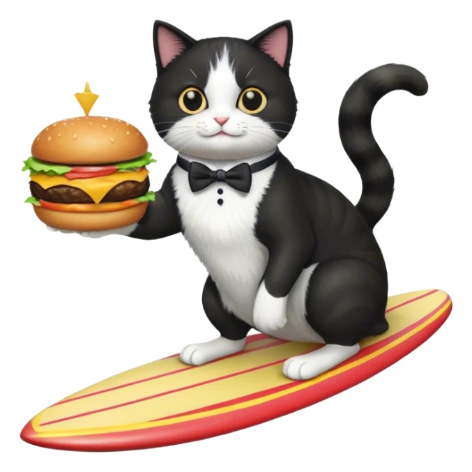 tuxedo cat riding a surfboard and holding a burger sticker