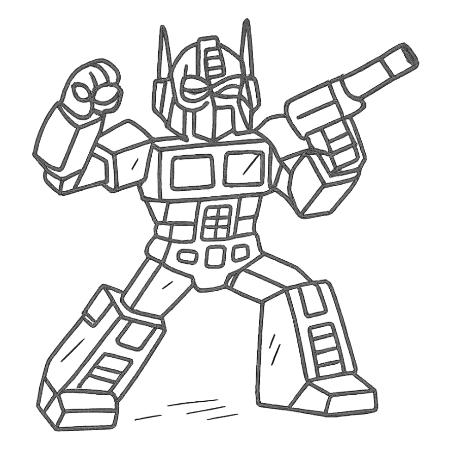 Optimus Prime in a dynamic pose, hand-drawn black outline style sticker