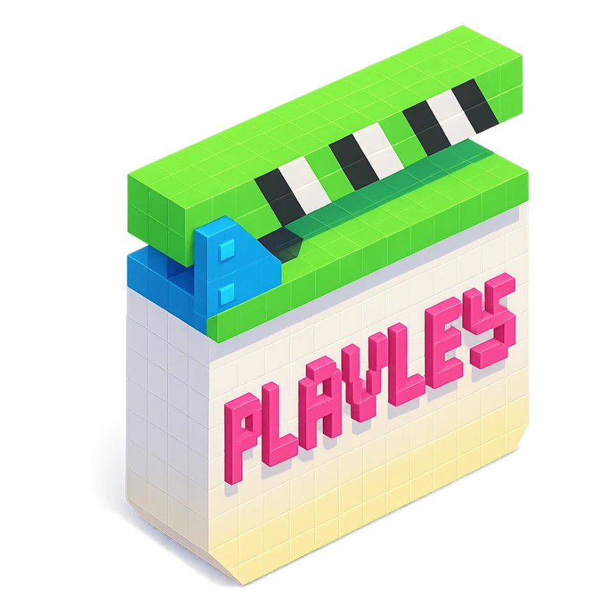 voxel style movie clapperboard with the text 'PLAVLEYS', neon green lid, white body, isometric view sticker