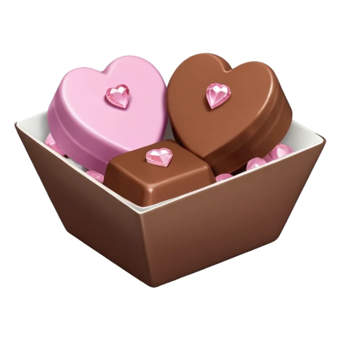 Two square milk chocolate Each of the two chocolates will have its own pralines only, Each praline is a sharp-edged cube with smooth glossy chocolate coating, placed in a small white fluted paper candy cup. On top of each cube is a flat pastel pink heart-shapedwith fine sugar crystal sparkle. sticker