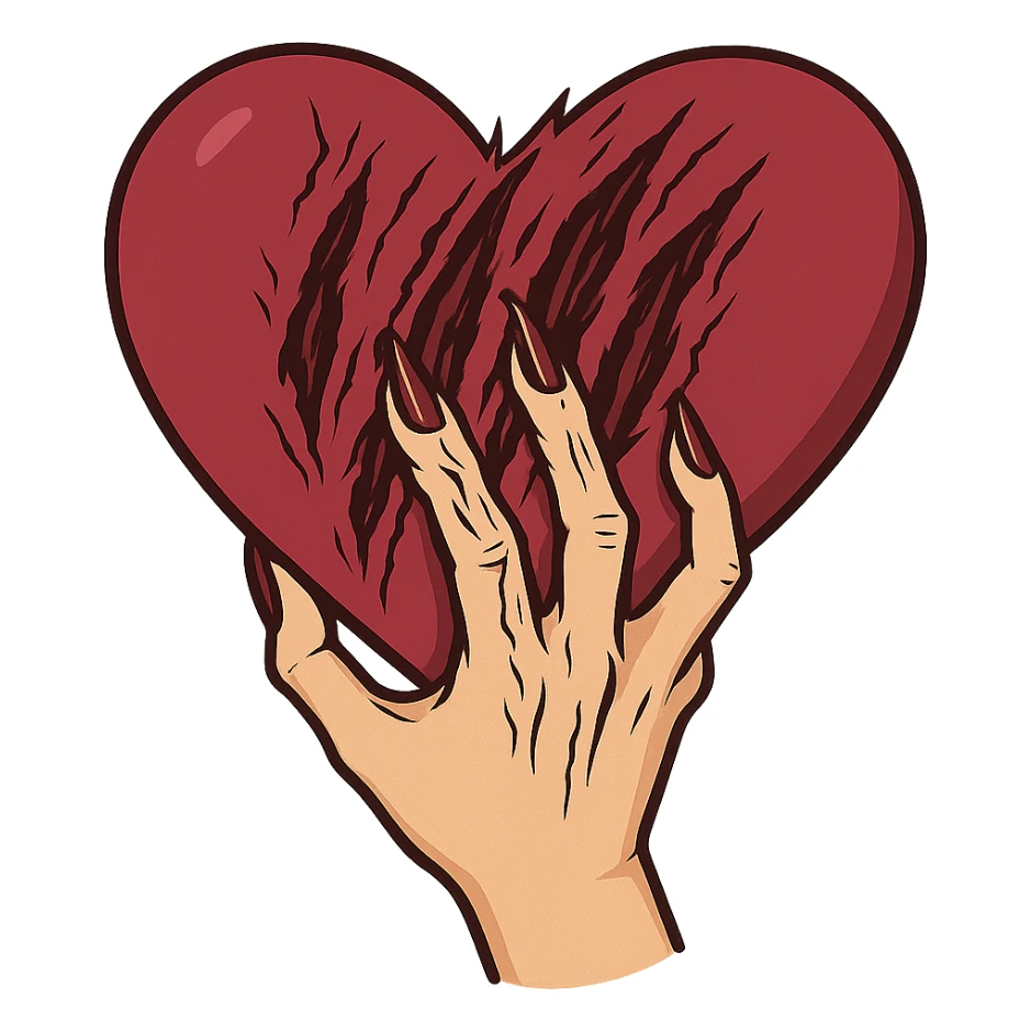 женская рука с маникюром вгоняет когти в винного цвета сердце и сильно раздирает царапает его (пальцы полусогнуты ногти вогнаны в царапины) рисованный стиль, ориентируйся на референсы по стилю и по уровню разодранности серца sticker