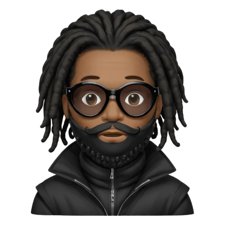 African American man with shoulder length black dreadlocks with black beard  wearing black sunglasses wearing a black bubble winter coatwearing a covid mask covering mouth and nose sticker