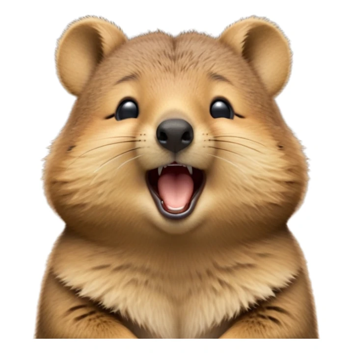 cinematic-realistic  yawning quokka-emoji,-small-round-frame, head tilted in an endearing manner, wouth wide open yawning, sleepy comical smile, round fluffy cheeks, giant-fluffy-cheeks-large-smile-fluffy-brown-fur-radiating-a-warm-softness,-big-round-eyes-filled-with-joy, realistic round  fluffy zoomed in, large black eyes one paw raised in the air sticker