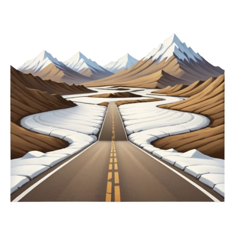 A long STRAIGHT dirt road that disappears into the horizon half way up the screen from the perspective of someone sitting in the middle of the road looking down it. Flat snow fields on both sides of the road with huge looming mountains above the roads horizon line.  sticker