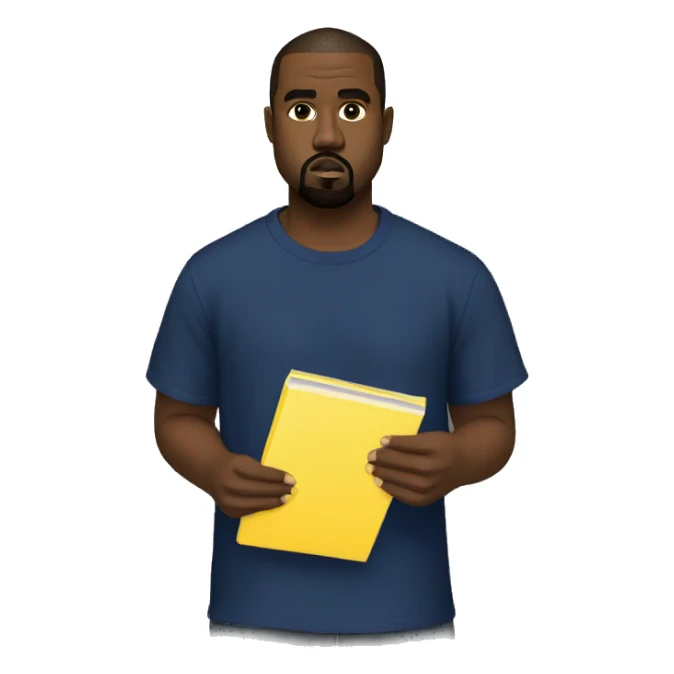 kanye west wearing a dark blue T-shirt, holding a yellow notepad sticker