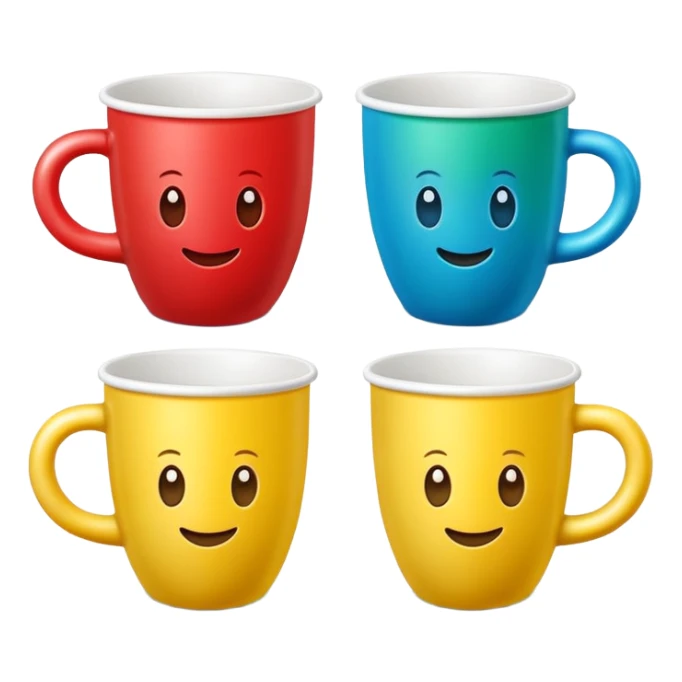 Cute 3D cartoon emoji sticker of a cup and ball shell game with three glossy plastic cups (blue, green, red) and a yellow ball, soft lighting, smooth shadows, playful, white sticker outline, transparent background, high resolution. sticker