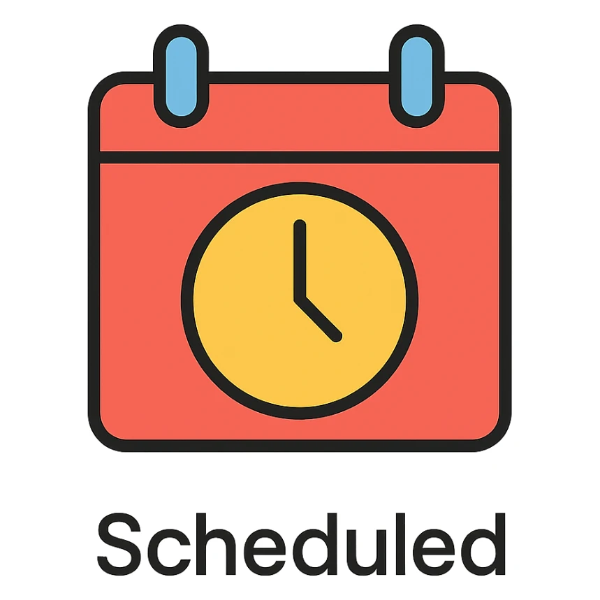 Add the word 'Scheduled' in a minimalist, monochrome font below the icon, keeping the style consistent with the icon color outlined style, no background. sticker