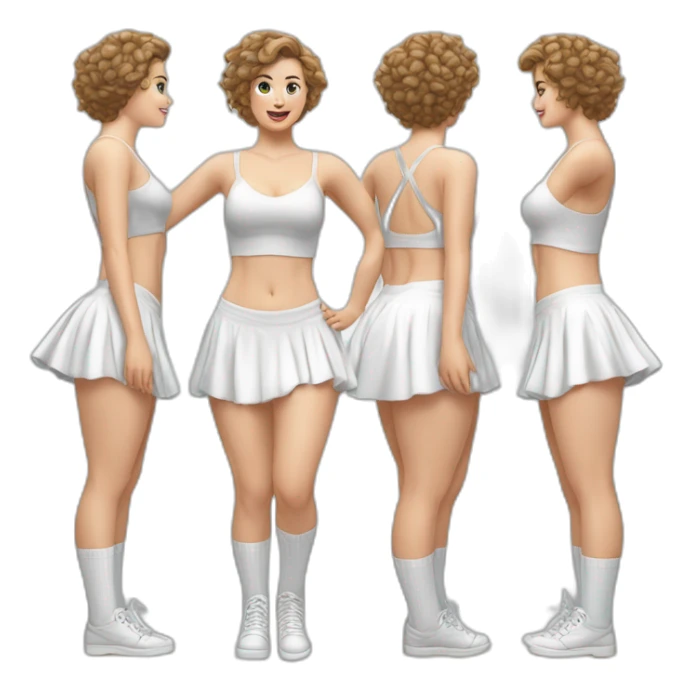 Hyperrealistic Full body Caucasian curvy beauty jumping short white skirt back and front views strong wind knickers long white socks sticker