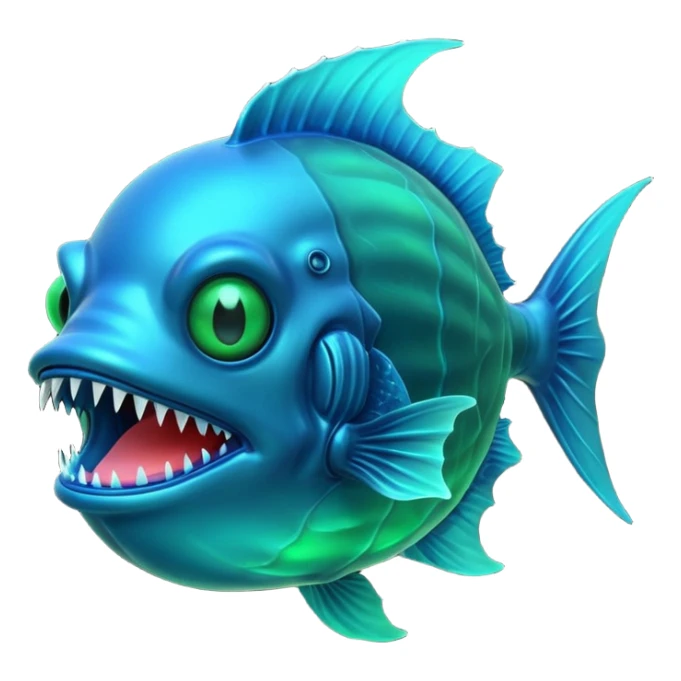 3D render of Anglerfish, bioluminescent deep sea style, glowing neon blue and green lights, dark background to contrast the glow, translucent organic textures, Apple emoji style, 3D render --v 6.0 sticker