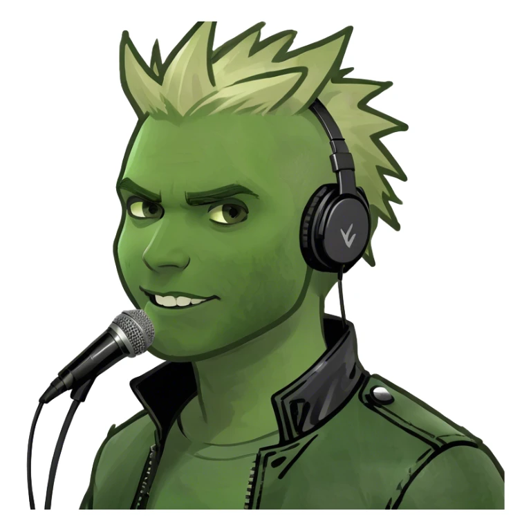 The image reflects a confident man with spiky blonde hair, a leather jacket, and a headset mic, likely a performer. He stands in a backstage area with pinned notes, illuminated by an LED-lit mirror. sticker