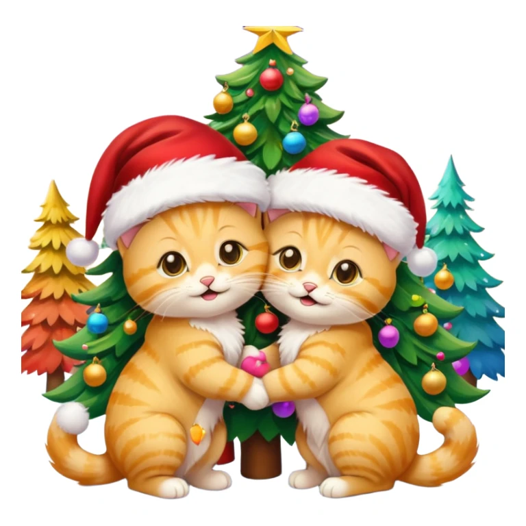 2 hazel eyed cute hugging smiling fluffy gold kittens with Santa hats by a colorful multicolored brightly lit up Christmas trees sticker
