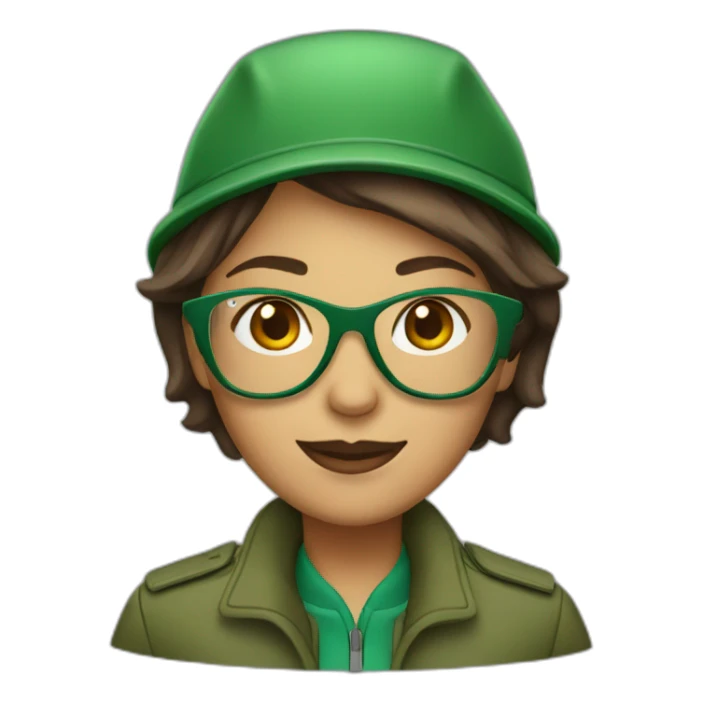 Brown short-haired woman with green jacket, sunglasses and head hat smiling sticker