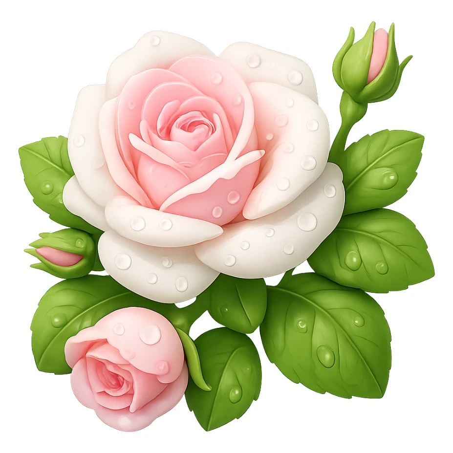 Create a square 3D illustration of a white and pink rose with buds, leaves, and dew drops in the style of iOS Apple emoji. The petals should be voluminous and detailed, with a transparent background. The style should mimic the look and feel of Apple emojis with smooth shading and subtle gradients. sticker