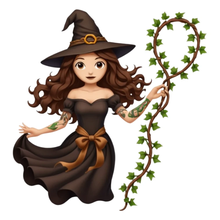 witch woman long wavy brown hair tattoos pulling vine ribbon slowly sticker
