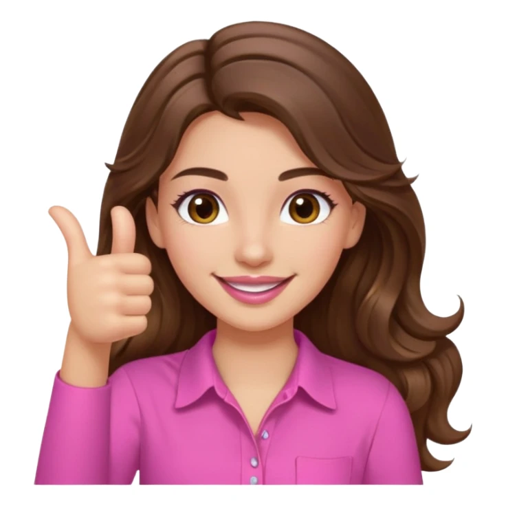 girl with long wavy brown hair, brown eyes, light to medium complexion, in a pink shirt, pink lips, long lashes, thumbs up sticker
