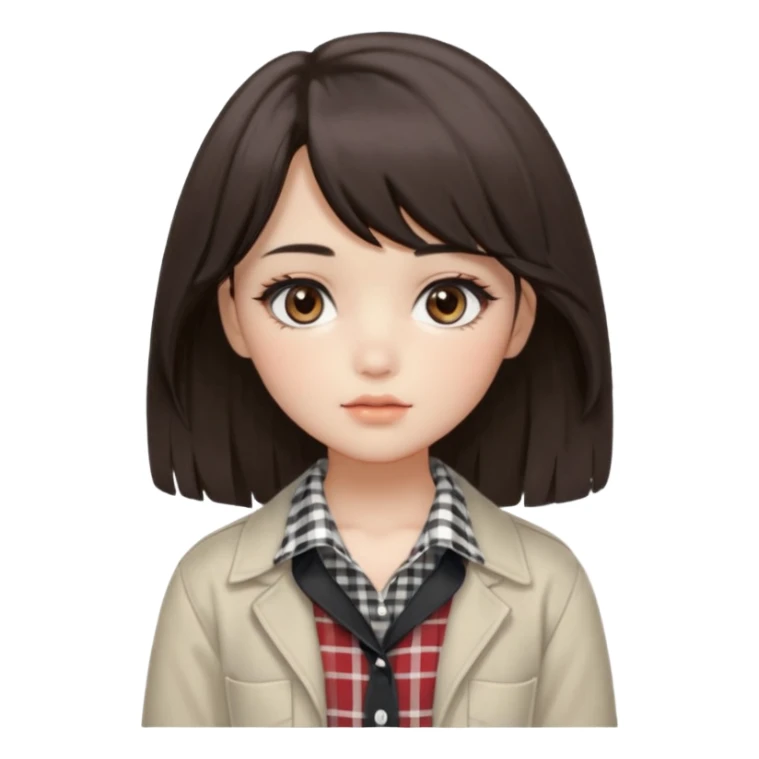 A fair, neutral-toned girl with dark brown layered hair (medium length, curtain bangs) and almond-shaped brown eyes. Doll-like makeup with soft brows, manhwa lashes, and normal lips. Oval face. Wearing an off-white checkered shirt, baggy pants, and minimal silver jewelry. sticker