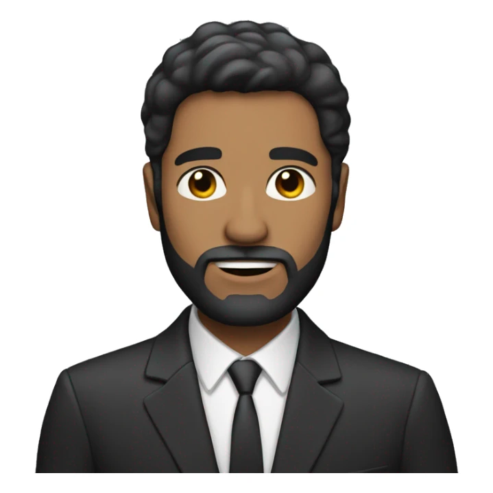 Man with straight dark hair and beard and suit sticker