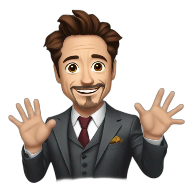 robert downey junior with a three piece suit and his hands strecthed wide open with attitude smile face sticker