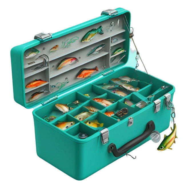 Realistic turquoise Fishing tackle box open with  fish bait and hooks inside of it sticker