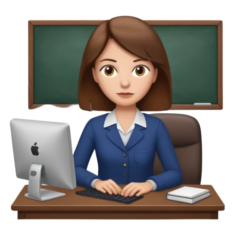 Uma mulher de cabelo castanho que é professora e um pouco brava a trabalhar no computador sem usar óculos sticker